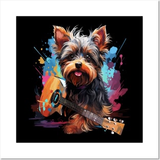 Yorkshire Terrier Playing Guitar Posters and Art